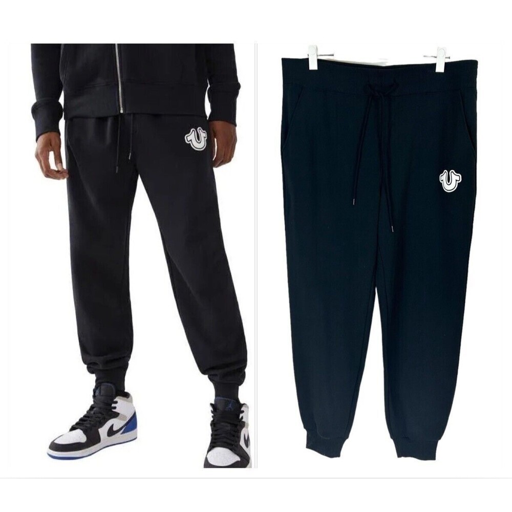 True Religion Sweatpants Jogger Mens XL  Black Core Logo Drawstring Classic